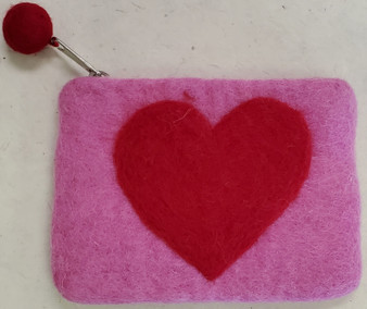 Nepali Felted Pouch Red Heart On Pink