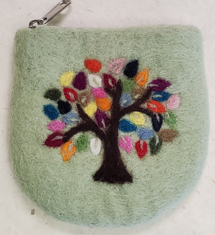 Aitoh Nepali Felted Pouch Tree of Life on Light Green