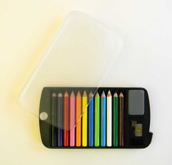 Mini Colored Pencil Set of 12 with Sharpener and Eraser in Plastic Case