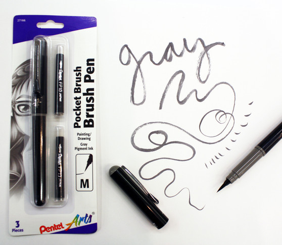 Pentel Pocket Brush Pen W/Two Refills Gray Ink