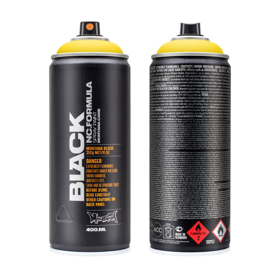 Montana Black High-Pressure Spray Paint Can Kicking Yellow