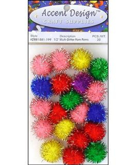 Accent Design Essentials Pom-Poms 1/2" Multi Glitter 20 Piece