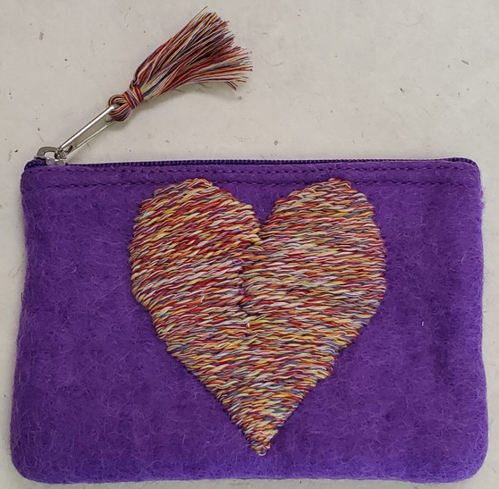 Aitoh Nepali Felted Pouch Embroidered Heart on Purple