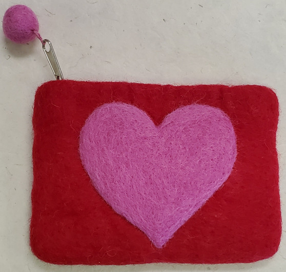 Aitoh Nepali Felted Pouch Pink Heart on Red