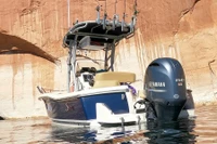 Rear view of SG900 boat t-top model made with 6061-T6 Aluminum in powder coated Quick Silver with Sunbrella Marine canvas canopy.