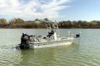 Scenic lake shot of a white SG600 on a customer's center console boat showing the OEM quality Stryker offers at an affordable price.