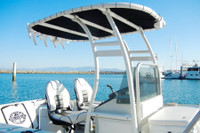 Detail photo of SG300 boat t-top with cross bracing and Sunbrella Marine canvas canopy.