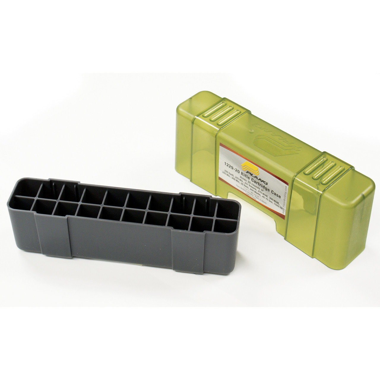 Plano Ammunition Box, Holds 20 Rounds of .220/.243/.257/.270/.300/.308/.444  Rifle Rounds, Charcoal/Green , 6 Pack 1229-20, UPC : 024099122924