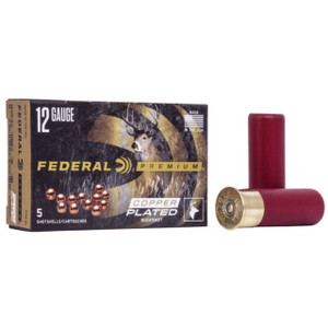 Federal Buck Copper Plated 12 Gauge Shotshell Ammunition, 2 3/4 Inch, 1290 FPS, 12 Pellet, #00 Buck - 5 Cartridge Box ( 5 / 1 )