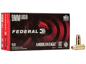 Federal AE9FP American Eagle Handgun 9mmLuger 147gr Full Metal Jacket Flat Point 50 Per Box/20 Case