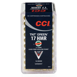 CCI Varmint TNT Green LF Hyper Velocity Rimfire Ammunition, 17 HMR, Lead Free Hollow Point, 16 Grain - 50 Cartridge Box ( 50 / 1 )