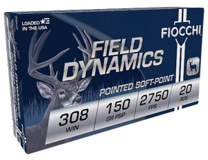 Fiocchi Field Dynamics Hyper Velocity Centerfire Ammunition, 308 Winchester, Pointed Soft Point, 150 Grain - 20 Cartridge Box ( 20 / 1 )