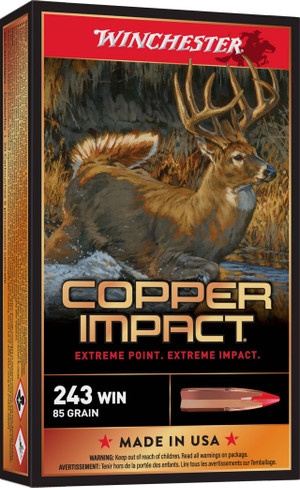 Winchester Copper Impact Hyper Velocity Centerfire Ammunition, 243 Winchester, Copper Extreme Point Lead-Free, 85 Grain - 20 Cartridge Box ( 20 / 1 )