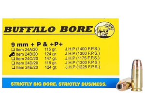 Buffalo Bore Ammunition 24B20 Personal Defense Strictly Business 9mmLuger +P+ 124gr Jacket Hollow Point 20 Per Box/12 Case