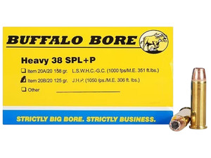 Buffalo Bore Ammunition 20B20 Heavy Strictly Business 38Special +P 125gr Jacket Hollow Point 20 Per Box/12 Case