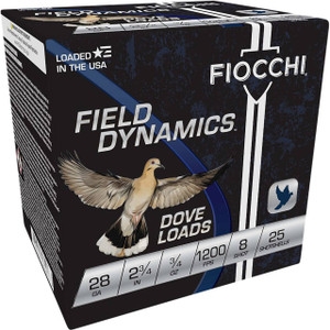 Fiocchi Field Dynamics Dove Load 28 Gauge Shotshell Ammunition, 2 3/4 Inch, 1200 FPS, 2/3 Ounce, #8 Shot - 25 Cartridge Box ( 25 / 1 )