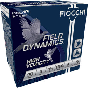 Fiocchi Field Dynamics High Velocity 20 Gauge Shotshell Ammunition, 3 Inch, 1200 FPS, 1 1/4 Ounce, #8 Shot - 25 Cartridge Box ( 25 / 1 )
