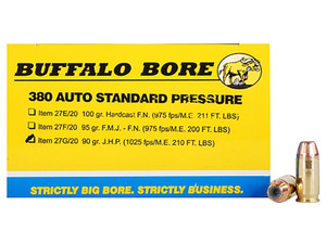 Buffalo Bore Ammunition 27G20 Standard Pressure Strictly Business 380ACP 90gr Jacket Hollow Point 20 Per Box/12 Case