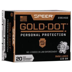 Speer Gold Dot High Velocity Centerfire Ammunition, 9mm Luger, Hollow Point, 115 Grain - 20 Cartridge Box ( 20 / 1 )