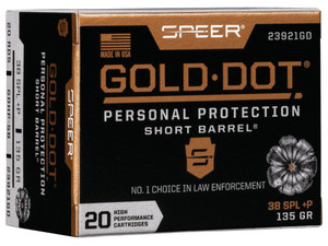 Speer 23921GD Gold Dot Personal Protection Short Barrel 38Special+P 135gr Hollow Point 20 Per Box/10 Case