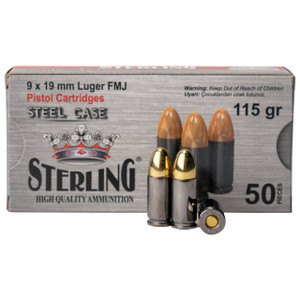 STERLING 9X19MM LUGER FMJ STEEL CASING 115GR BOX50 UPC: 8698779957674