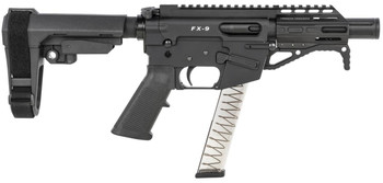 Freedom Ordnance FX9P4S FX-9  9mm Luger 31+1 4" Black Nitride Barrel w/Faux Suppressor, Black Hard Coat Anodized Aluminum Receiver, SB Tactical SBA3 Pistol Brace Stock, Black Polymer Grip UPC: 856169007363