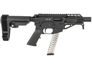 Freedom Ordnance FX9P4S FX-9 9mm Luger 31+1 4" Black Nitride Barrel w/Faux Suppressor, Black Hard Coat Anodized Aluminum Receiver, SB Tactical SBA3 Pistol Brace Stock, Black Polymer Grip