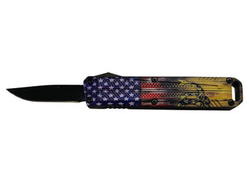 Xcaliber Knife Company Drop Point Mini 1.80" OTF Drop Point Plain Black 440C SS Blade, 3.52" US Flag Aluminum Handle