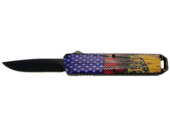 Xcaliber Knife Company Don't Tread on Me Medium 3.20" OTF Drop Point Plain Black 440C SS Blade, 4.80" US Flag Aluminum Handle