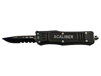 Xcaliber Knife Company 380 ACP Small 2.75" OTF Part Serrated Black 440C SS Blade, 3.91" Steel Handle