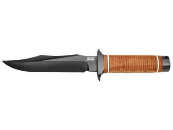 S.O.G SOGSB1TL Super SOG 7.50" Fixed Bowie Plain Black Hardcased TiCN AUS-8A SS Blade Brown Stacked Leather Washers w/Cross Guard Handle Includes Sheath