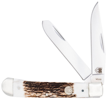 CobraTec Knives CTTDTRPSTAG Trapper  Folding 2.88" Clip Point, 2.94" Spey Plain Polished VG-10 SS Blades, 4.44" Stag Bone Scales/SS Handle                                                              
