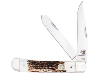 CobraTec Knives CTTDTRPSTAG Trapper Folding 2.88" Clip Point, 2.94" Spey Plain Polished VG-10 SS Blades, 4.44" Stag Bone Scales/SS Handle