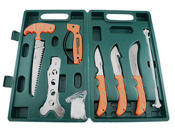 AccuSharp 728C Game Processing Kit Butcher/Caper/Gut-Hook/Bone Saw/Ribcage Spreader Gut Hook/Saw/Plain Stainless Steel Blade Orange FRN Handle