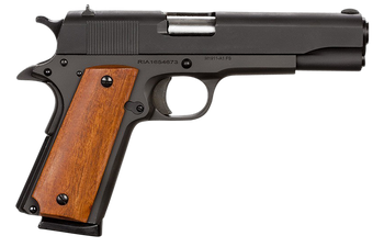 Rock Island 51421 GI Standard FS *CA Compliant 45 ACP Caliber with 5" Barrel, 8+1 Capacity, Overall Black Parkerized Finish Steel, Beavertail Frame, Serrated Slide & Wood Grip                         