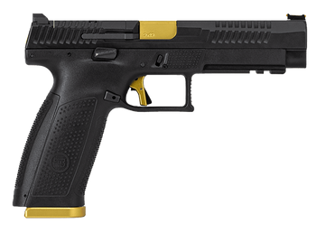 CZ-USA 95180 P-10 F Competition-Ready 9mm Luger 5" 19+1 Overall Black Finish with Inside Railed Steel with Optic Cut Slide, Polymer Grip, Gold Accents & Picatinny Rail                                 