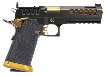 Watchtower Firearms DEMOLITIA9MM5ELITE Demolitia  Full Size Frame 9mm Luger 20+1 5" Gold Plated PVD Ported Barrel, Graphite PVD Optic Cut/Serrated Steel Slide, Graphite PVD Frame, Black Textured Grip 