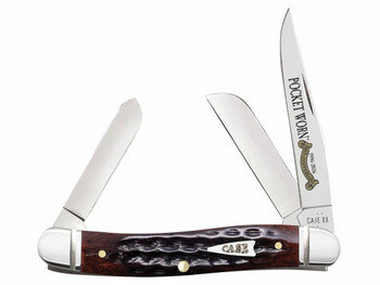 Case 55232 Pocket Worn Stockman Medium Folding Clip Point/Pen/Sheepsfoot Plain Tru-Sharp SS Blade, Mahogany Corn Cob Jigged Bone Handle