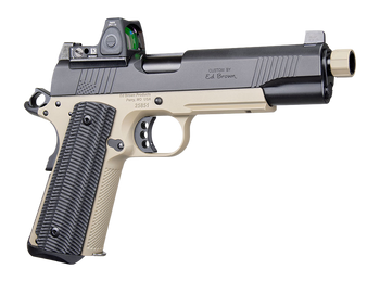 Ed Brown SFSOCM SOCOM Gen4 45 ACP 8+1 5" Black Nitride Threaded Barrel, Black Gen4 Serrated w/Optic Slide, Flat Dark Earth Steel Frame w/Accessory Rail, VZ Alien Grip, Trijicon RMR 3.25 MOA Red Dot Si