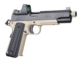 Ed Brown SFSOCM SOCOM Gen4 45 ACP 8+1 5" Black Nitride Threaded Barrel, Black Gen4 Serrated w/Optic Slide, Flat Dark Earth Steel Frame w/Accessory Rail, VZ Alien Grip, Trijicon RMR 3.25 MOA Red Dot Si