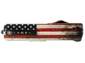 Templar Knife MZWUS121 Premium Weighted Small 3" OTF Dagger Plain Black Oxide Stonewashed Powder Coated D2 Steel Blade, 4.50" Painted Wood Grain US Flag Aluminum Zinc Alloy Handle