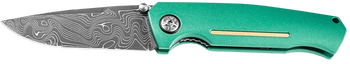 Boker 111102DAM   3.22" Drop Point Plain Damascus Blade Green Aluminum Handle                                                                                                                           