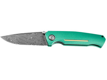 Boker 111102DAM 3.22" Drop Point Plain Damascus Blade Green Aluminum Handle