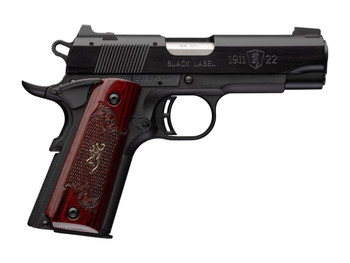 Browning 051070490 1911 Black Label Medallion Compact 22 LR 10+1 3.63" Matte Stainless Barrel, Black Anodized Aluminum Serrated Slide, Matte Black Polymer Frame w/Beavertail, Rosewood w/Gold BuckMark