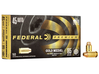 Federal GM45B Premium Gold Medal 45ACP 185gr Full Metal Jacket Semi Wadcutter 50 Per Box/20 Case