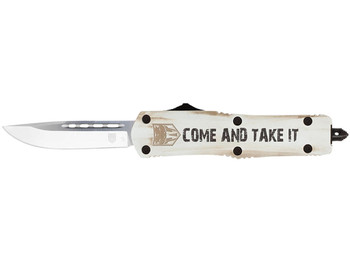 CobraTec Knives MCATIFS3TNS FS-3 Come And Take It 3" OTF Tanto Plain D2 Steel Blade/White w/"Come And Take It" Cerakoted Aluminum Handle Features Glass Breaker Includes Pocket Clip