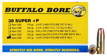 Buffalo Bore Ammunition 33E20 Personal Defense Strictly Business 38Super +P 147gr Jacket Hollow Point 20 Per Box/12 Case                                                                                