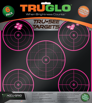 TruGlo TG11P6 Tru-See 5-Bull Target Self-Adhesive Heavy Paper Black/Pink 12"x12" 6 Pack                                                                                                                 