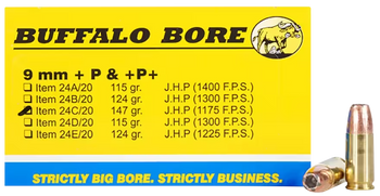 Buffalo Bore Ammunition 24C20 Personal Defense Strictly Business 9mmLuger +P+ 147gr Jacket Hollow Point 20 Per Box/12 Case                                                                              