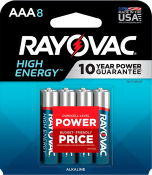 Rayovac 8248T102 AAA HIGH ENREGY Alkaline Batteries  Silver/Blue 1.5 Volts 1,123 mAh (8) Single Pack                                                                                                    
